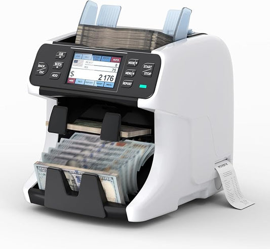 MUNBYN IMC40 2-Pocket Money Counter Machine Mixed Denomination and Sorter, Built-in Printer, Sort on DENOM/FACE/ORI, Value Counting, Counterfeit Detection 2 CIS/UV/MG/IR, Touch Screen, 2Y Protection