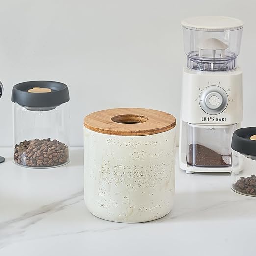 Natural Travertine Textures Beige Mini Trash Can with Bamboo Lid,Small Countertop Trash Can for Bathroom, Kitchen, Vanity, Desk Trash Can,Table Top Mini Garbage Can for Dining Room, Tiny Waste Basket