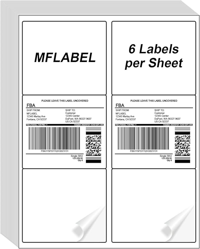 MFLABEL 3-1/3" x 4" Shipping Address Labels, FBA Labels, 6-UP Sticker Labels, White Shipping Labels, Easy to Peel, Address Labels for Laser/Ink Jet Printer, 6 Per Page (1500 Labels, 250 Sheets)