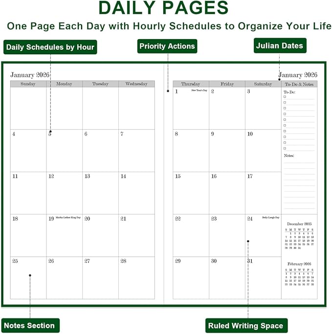 2026 Daily & Monthly Planner - 2026 Daily Planner One Page Per Day from January 2026 to December 2026, 5.8'' x 8.3'' Hourly Appointment Book Perfect Organizer Daily Life, Fabric Cover, Green