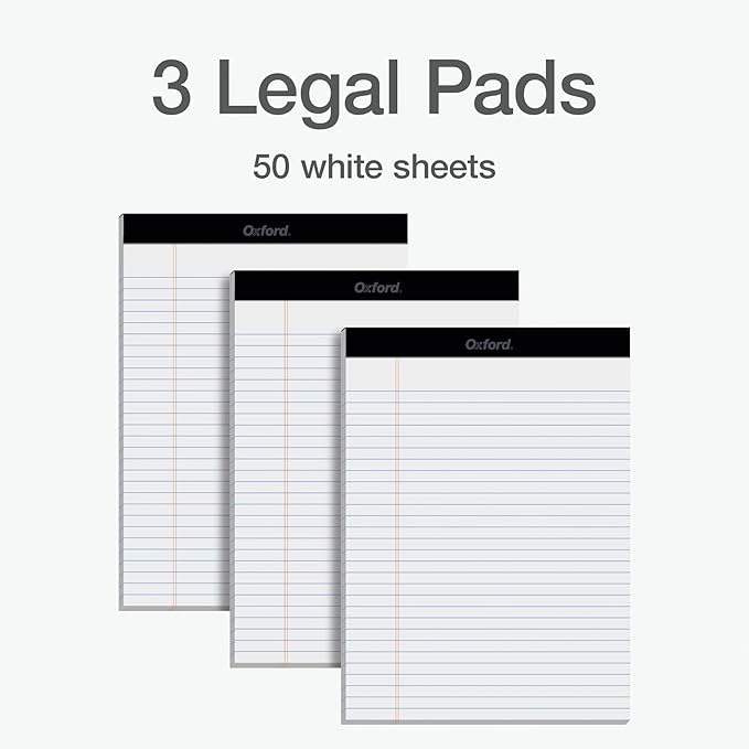 Oxford 8.5 x 11.75 Inch Legal Pads, 3 Pack, Wide Ruled on Both Sides, White Paper, 50 Perforated Sheets Per Writing Pad, Proudly Made in the USA (1017036)