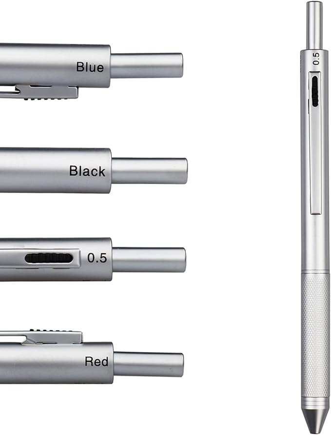 DUNBONG 4 in 1 Multicolor pen, Metal Cased Multifunction Pen, 0.5mm Mechanical Pencil, Red Ball Pen, Blue Ball Pen and Black Ball Pen (Silver)
