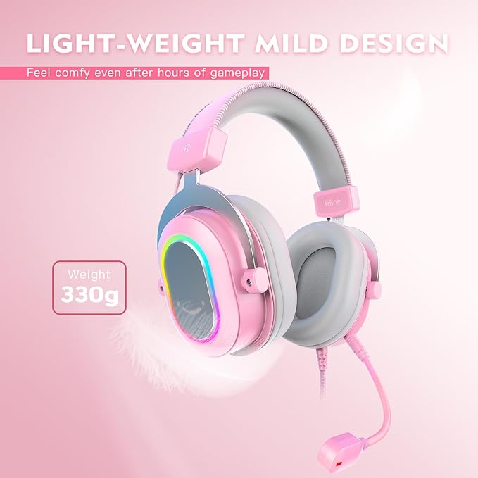 FIFINE PC Gaming Headset, USB Wired Headset with Microphone, 7.1 Surround Sound, in-Line Control, Computer RGB Over-Ear Headphones for PS4/PS5, for Streaming/Game Voice/Video-AmpliGame H6 (Pink)