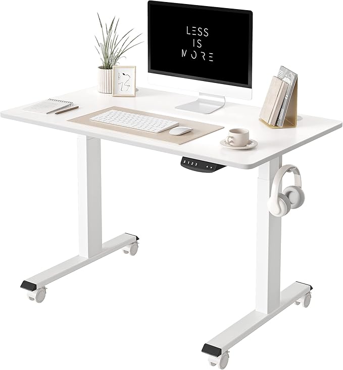 FEZIBO One-Piece Standing Desk Adjustable Height Stand up Home Office Desk, 40x24 Inch Electric Standing Computer Desk, with 4 Memory Presets, Fixable casters, White