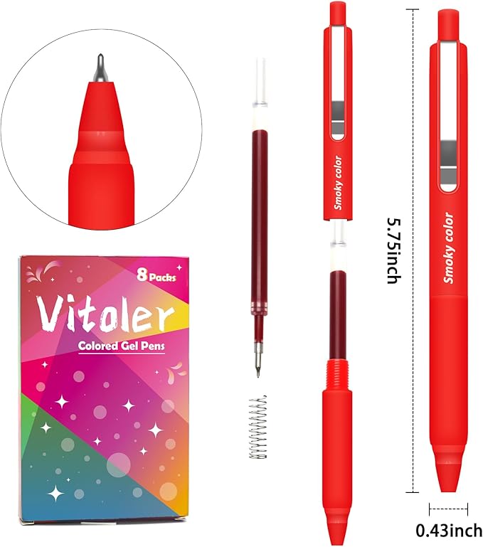 Vitoler Pens, 8 Pack Quick Dry Colored Pens 0.5mm Retractable Slient Gel Pen Gift Pen for Women Kids Journaling Writing School Office Supplies