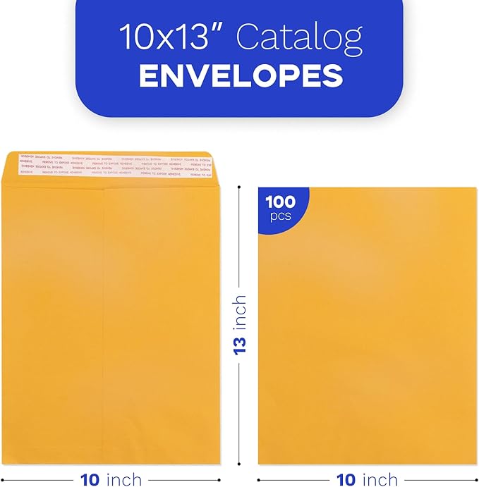10x13 Catalog Envelopes Self Seal 100 Pack, Goefun 80GSM Paper Large Yellow Brown Manilla Envelopes with Peel and Seal Flap for Mailing, Organizing and Storage