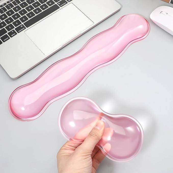 Ergonomic Gel Wrist Rest Set Anti Slip Silicone Keyboard and Mouse Pad Clear Pink Keyboard Support for Office Typing or Gaming, Relieve Wrist Pain