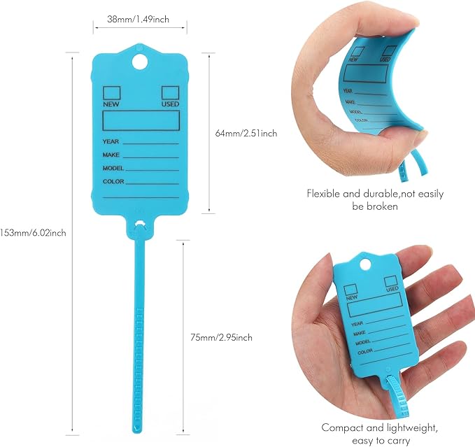 100 Car Key Tags with Labels Plastic Car Dealership Key Tags Self Locking Automotive Identifiers Blank Shop Labels with One Pen (Blue)