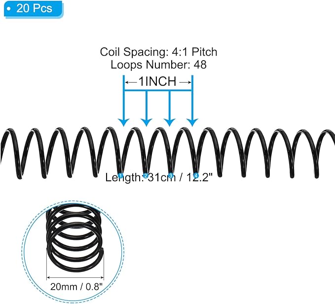 PATIKIL 20mm(3/4") Plastic Spiral Binding Coils, 20 Pcs Binding Spirals 170 Sheet Capacity 4:1 Pitch Binding Spirals for Binding Paper Sheets, Black
