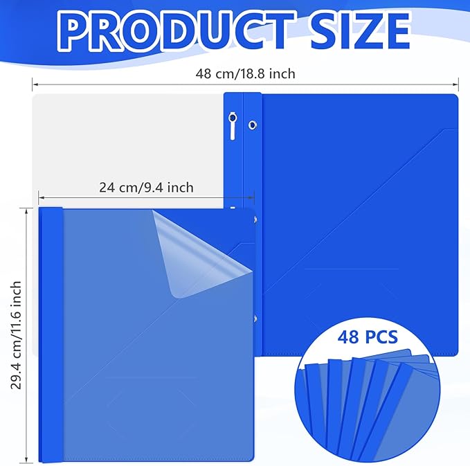 Patelai 48 Pcs Plastic Folders with 2 Pockets and 3 Prongs Home Folders with Card Slot Letter Size Heavy Duty Report Covers for Back to School(Blue,Simple Style)