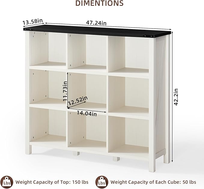 9 Cube Bookcase, Farmhouse 47 Inch Wide White Bookshelf, Wooden 3 Tier Display Large Open Book Shelf, Vintage Horizontal Book Case for Home Office, Cubby Storage Cabinet for Living Room