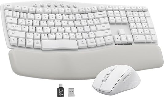 White Wireless Keyboard and Mouse Combo for MacBook & Windows, 30dB Quiet Ergonomic Keyboard Set with Wave Keys & Soft Palm Rest, Silent Typing, Dual-System Switch, Ideal for Home Office—Sablute