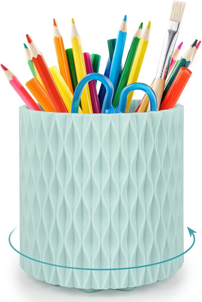 Blue Pen Holder for Desk, 360 Degree Rotating Desk Organizer with 5 Compartments, Pen Pencil Makeup Brush Holder, Cosmetics Lipsticks Pen Organizer for Home Office School