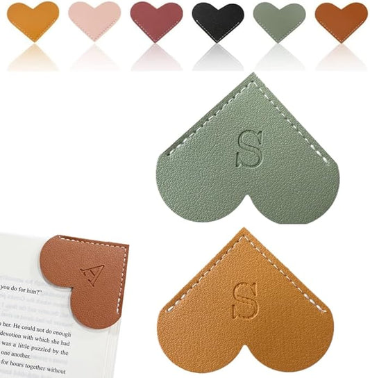 Personalized Leather Heart Bookmark, 26 Letters Customized Corner Book Mark for Reading Women, Book Marker with Initials，Cute Gifts (Green+Light Brown, S)