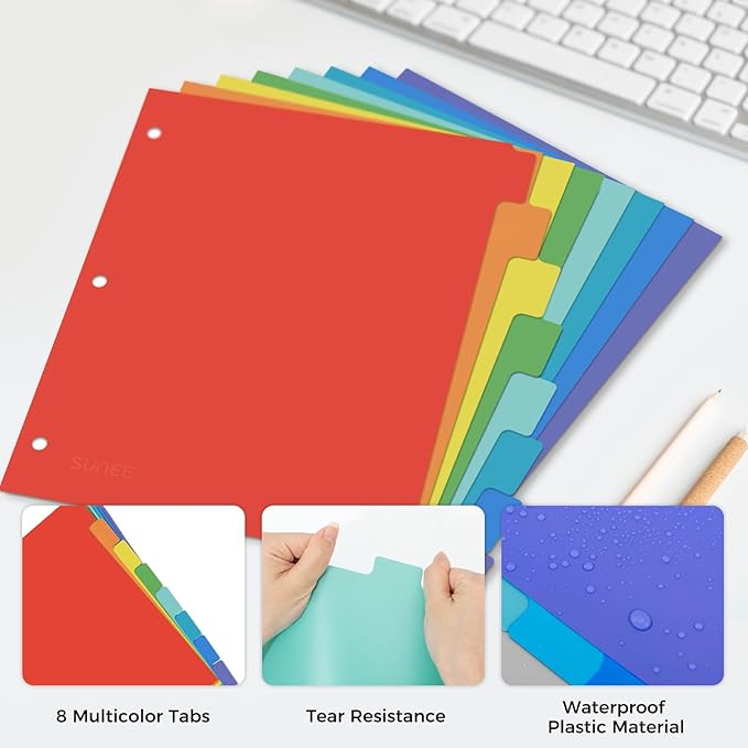 SUNEE 8 Tab Binder Dividers,Plastic Dividers for 3 Ring Binder,3 Ring Binder Dividers with Tabs for School Office Home Supplies,Bright Color, 5 Set