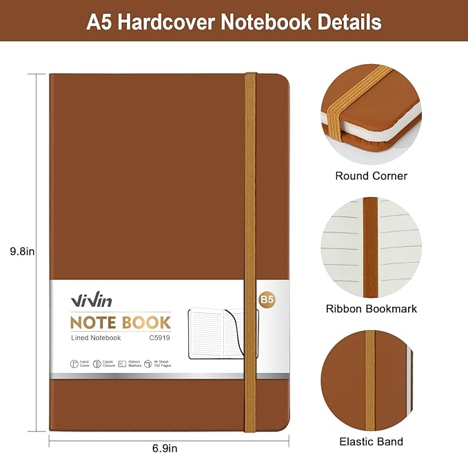 Vivin B5 College Ruled Notebook for Work,6.9"x9.8" Leather Hardcover Journal,192 Pages Professional Lined Notebook for Office & Business