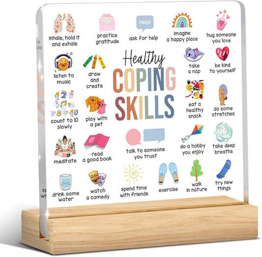 Therapy Office Decor, School Counselor Gifts, Mental Health Office Desk Decor, Gifts for Women Counselor Psychologist Therapist, Healthy Coping Skills Acrylic Sign for Halloween Christmas Gift