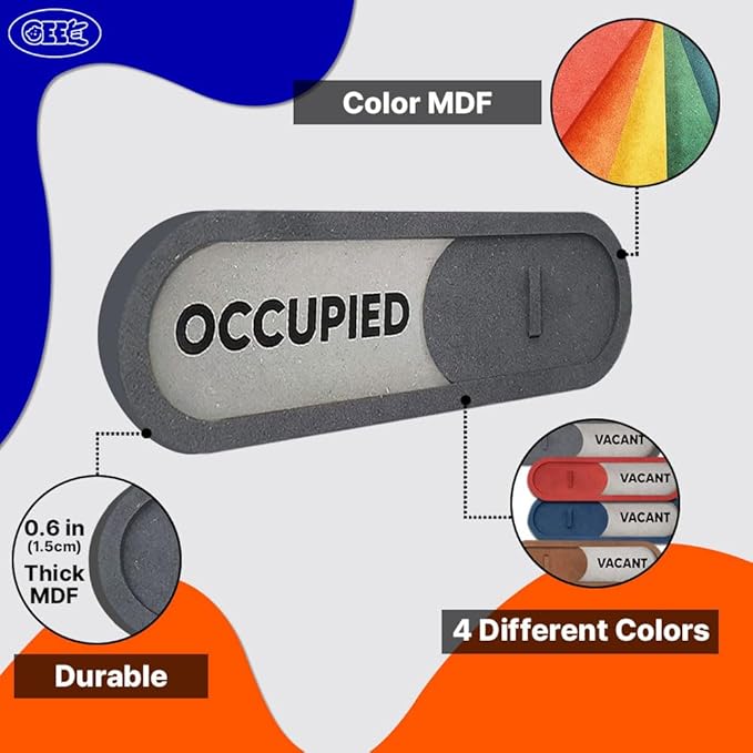 GEEKBEAR Vacant Occupied Slider Door Sign for Home Office - Premium MDF, 7.5 x 2.2 in (Gray)