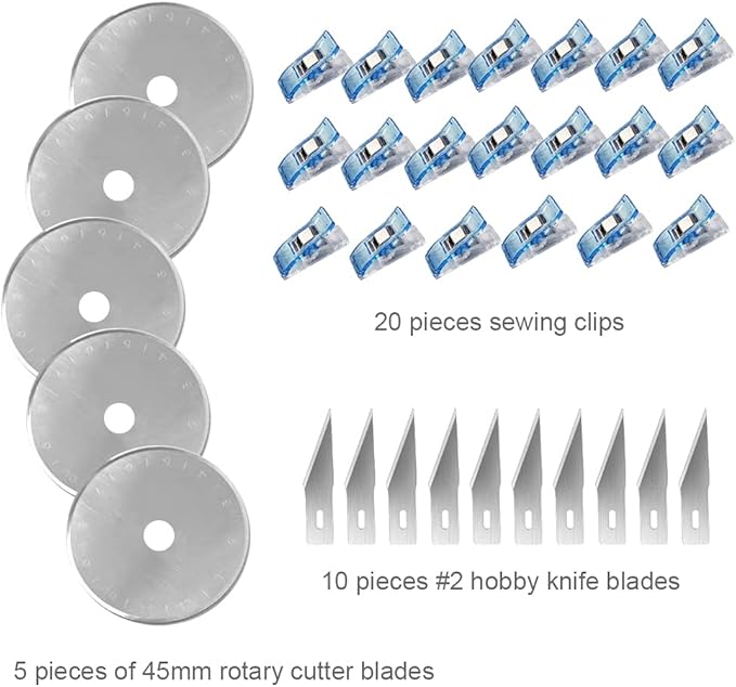 39 Pcs Rotary Cutter Set Blue - Quilting Kit incl. 45mm Fabric Cutter with 5 Extra Blades, A4 Cutting Mat, 2 Craft Knife Set, Quilting Ruler and Sewing Clips, Ideal for Crafting, Sewing, Patchworking