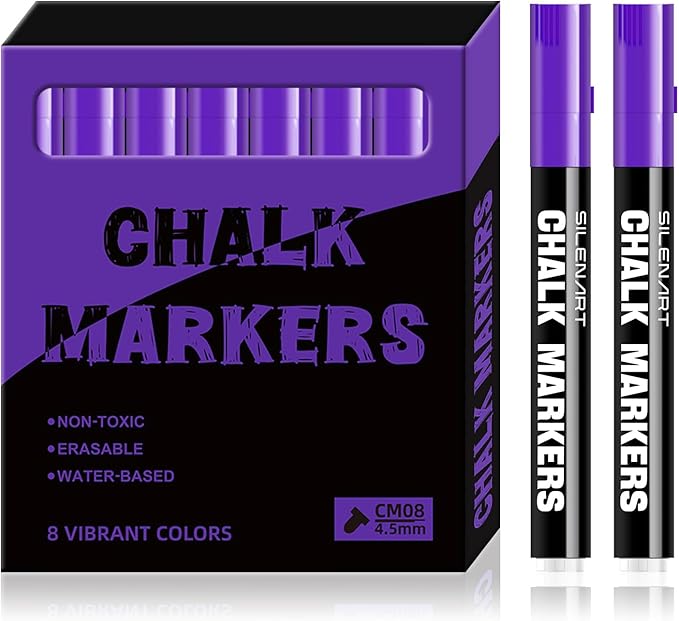 SILENART Purple Chalk Markers for Blackboard, Liquid Chalk Marker Pen for Chalkboard Dry Erase Calendar Board Car Windows Glass Menu Board - Erasable, Bold Tip, 8 Pack