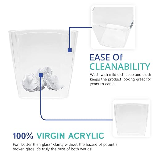 Huang Acrylic Clear Square Mini Wastebasket Trash Can | Garbage Container Bin for Bathrooms, Kitchens, Home Offices | Shatter-Proof, Stylish, Durable and Compact Design