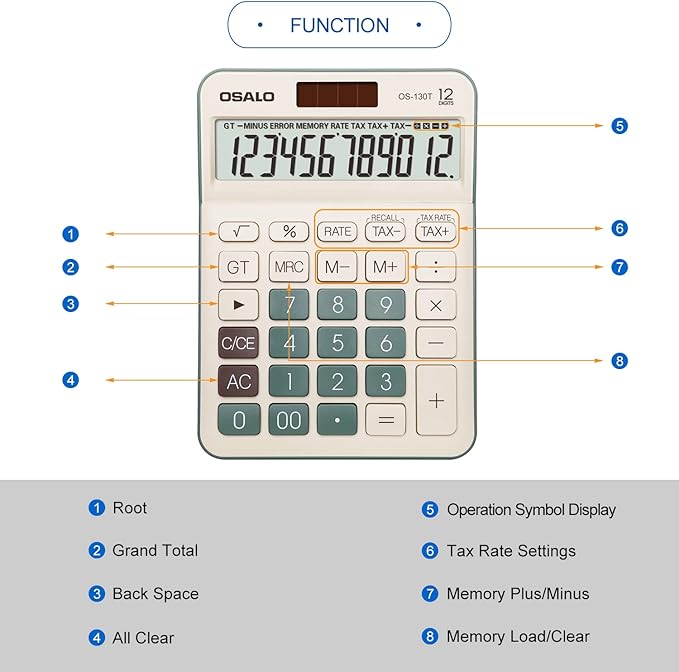 Desktop Calculator Large LCD Display 12 Digit Number Big Button Tax Financial Accounting Calculator, Battery and Solar Powered, for Desk Office Home Business Use(OS-130T Green)