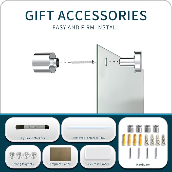 Magnetic Whiteboard,Dry Erase Board 3' x 2', Tempered Glass White Board Frameless, Home School Supplies or Home Office Decor with Magnets, Markers, Eraser, Marker Tray