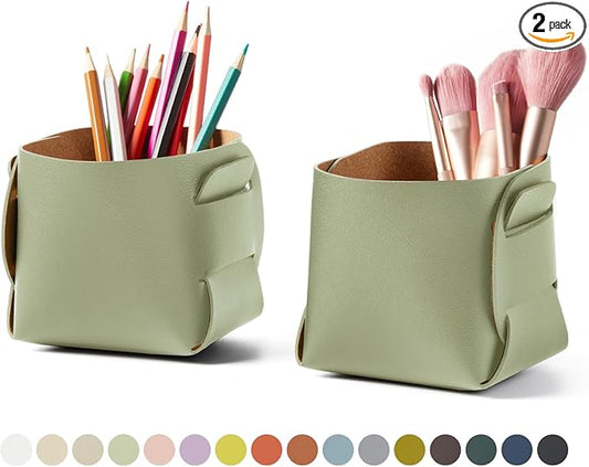HOMIEAZICOZI 2-Pack Cork Leather Desk Accessories Storage - Pencil Pen Holder - Makeup Brush Holder Organizer - Stylish Addition to Home Decor (Light Green)