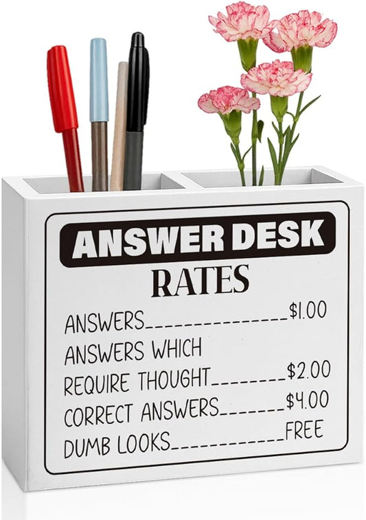 Answer Desk Rates Sign,Hold on Partner Im Overstimulated Sign,Funny Boss Gifts Office Room Decor for Women Men Teams Coworker Friend Wooden Pencil Holder, Boss Day Gifts Desk Decor