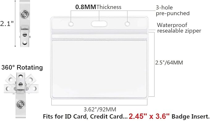 100 Pack Horizontal ID Badge Holder with Clip, Universal Waterproof PVC Transparent Name Tag Holder with Sealed Zipper(2.3 × 3.6 inch)
