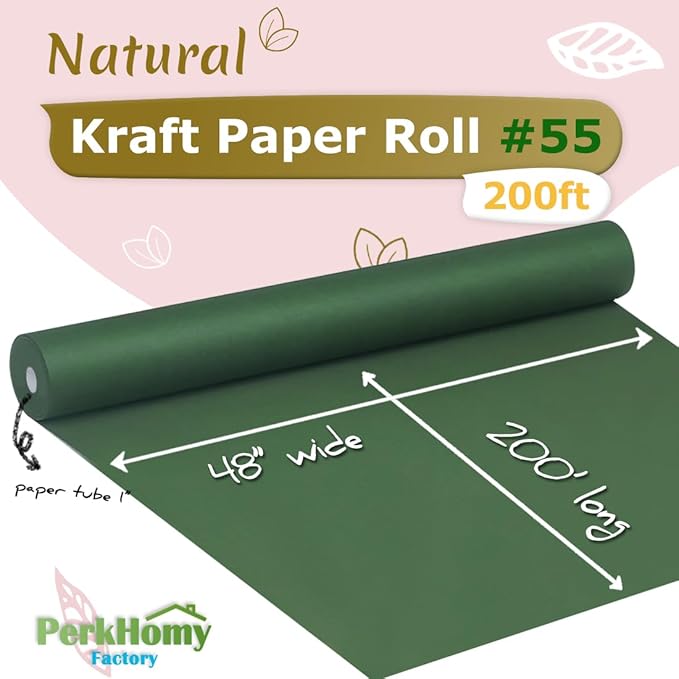 PerkHomy 48" x 2,400" (200') Dark Green Kraft Paper Roll for Craft Bulletin Board Paper Art Table Covering Crafting Gift Wrapping Bouquet Packing Parcel 80GSM 55LB (Dark Green, 48" x 200')