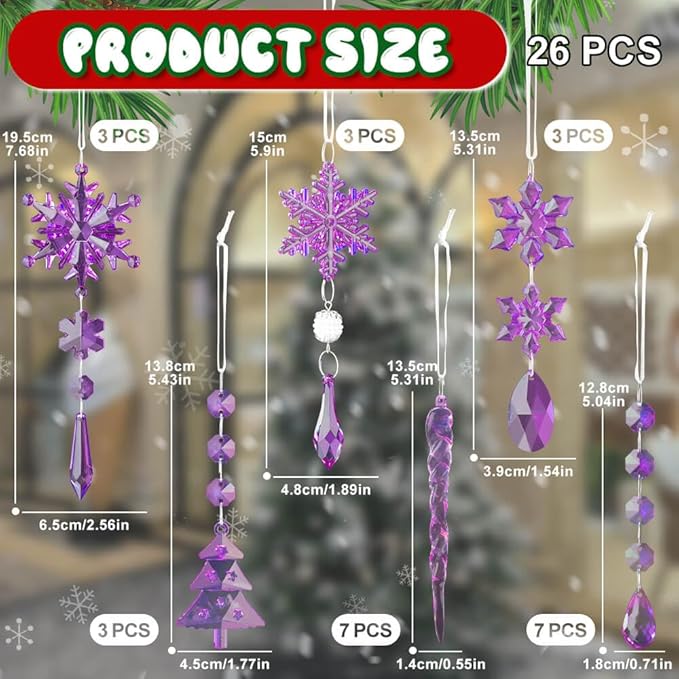 Lanpn 26 Pcs Christmas Ornaments Crystal Christmas Tree Decoration, Hanging Clear Acrylic Snowflake Icicle Drop Pendants for Xmas Winter Outdoor Indoor Party Decoration Purple