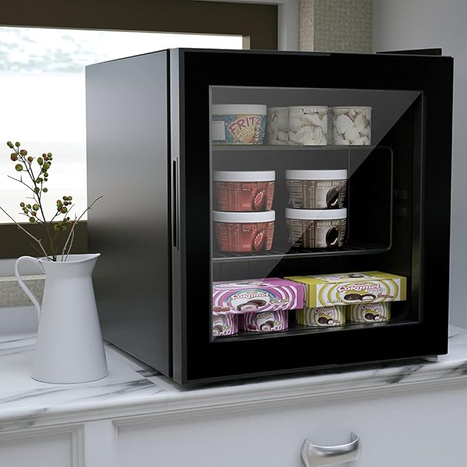 1.1 Cu Ft Mini Freezer Display Freezer with LED Light 2 Removable Shelves 7 Temperature Settings -8°F to 14°F Perfect for Liquor and Ice Cream