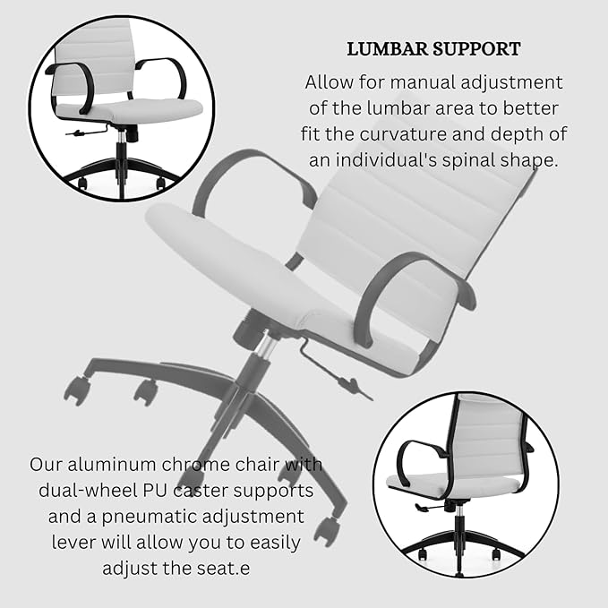 Ribbed Mid Back Conference Room Chairs - Lumbar Support, Modern Executive Home Office Chair - White Leather Seat & Black Aluminum Frame