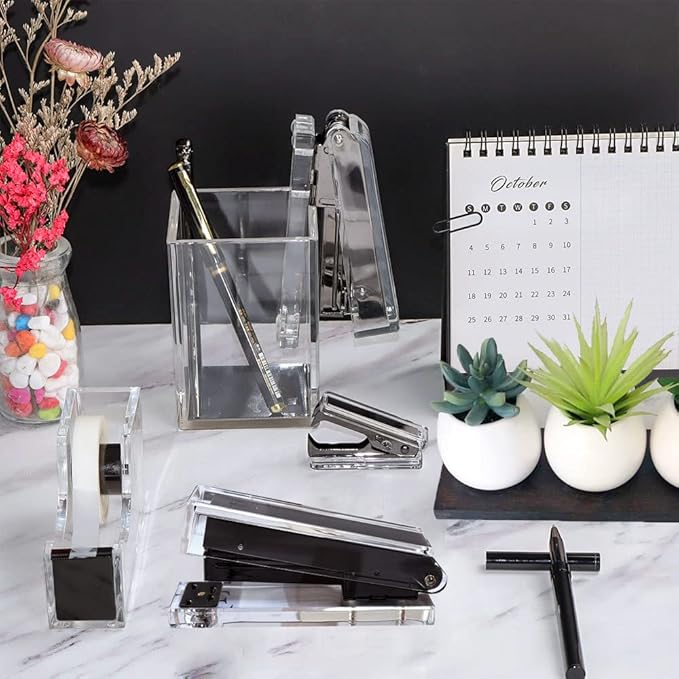 Acrylic Black Tape Dispenser Black Desktop Stapler, Acrylic Office Supplies Includes Staple Remover, Tape, 1000pcs Staples Desk Accessory Kit, Cute Office Stapler Set for Modern Design Office Desktop