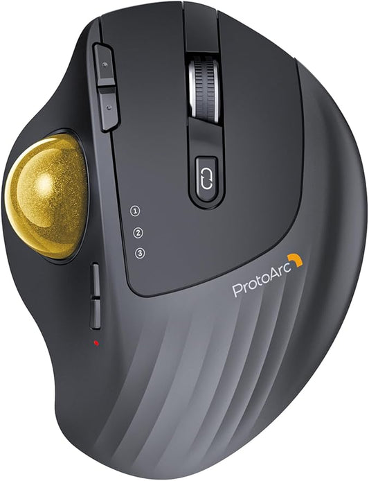 ProtoArc Wireless Trackball Mouse, EM01 NL Ergonomic Bluetooth Rollerball Thumb Rechargeable Computer Laptop Mouse, Adjustable Angle & 3 Device Connection for PC, Mac, Windows-Gold Ball