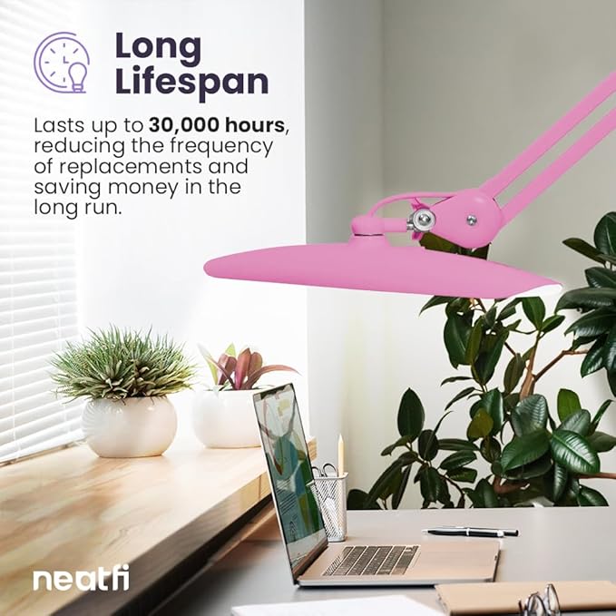 Neatfi XL 2,200 Lumens LED Desk Lamp with Clamp, 24 Watt Bright Architect Task Lamp, 20 Inches Dimmable Computer Light, Adjustable Desk Light for Home, Office, Crafts, Nails & Hobbies (Non-CCT, Pink)