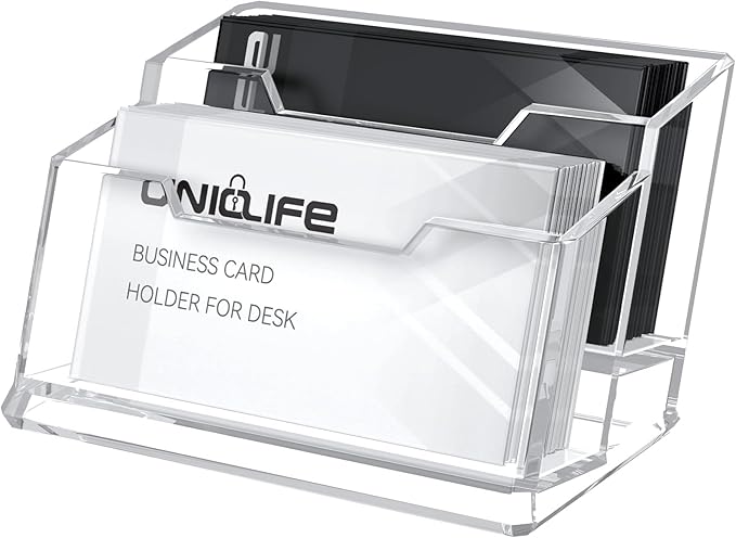 Uniclife Acrylic Business Card Holder for Desk 2 Slots Clear Business Card Display Stand for Men & Women Desktop Business Card Organizer Card Stand for Office Home Exhibition, 120 Card Capacity