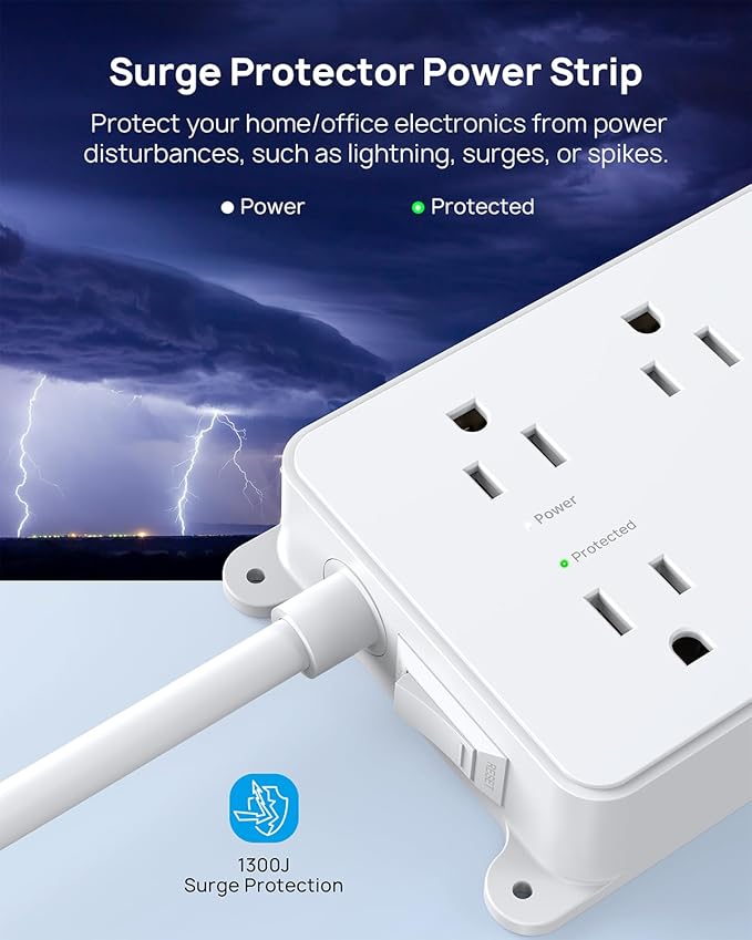 TROND Surge Protector Power Strip 15ft Extension Cord, ETL Listed, 5 Widely Spaced AC Outlets, 2 USB A and 1 USB C, 1300J, Flat Plug Power Strip, Wall Mountable, for Home Office, White