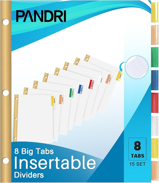 Binder Divider, PANDRI 120 Pack Binder Index White Dividers with 8 Insertable Multicolor Big Tab, Letter Size Paper Binder Divider for School Office Home Business