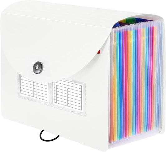 Sooez 24 Pockets Expanding File Folder with Blank Labels, According File Organizer with Expandable Cover, Desktop Accordion Folders Letter A4 Paper Document Storage Organizer, White