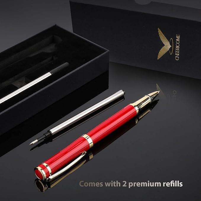 cheericome Luxury Rollerball Pen - Professional Pen, Executive Pen, Journal Pen, Perfect for Silky Smooth Writing, with Gift Box, Nice Pen for Men and Women, 2 Extra Premium Black Refills - Red