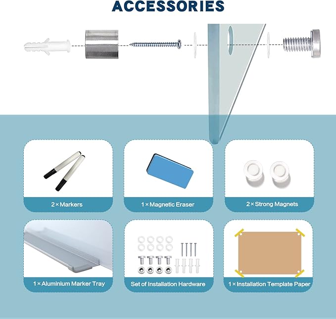 Magnetic Dry Erase Glass WhiteBoard - Frameless Wall Mounted Glass White Board for School Teaching Office Meeting 36"x48"