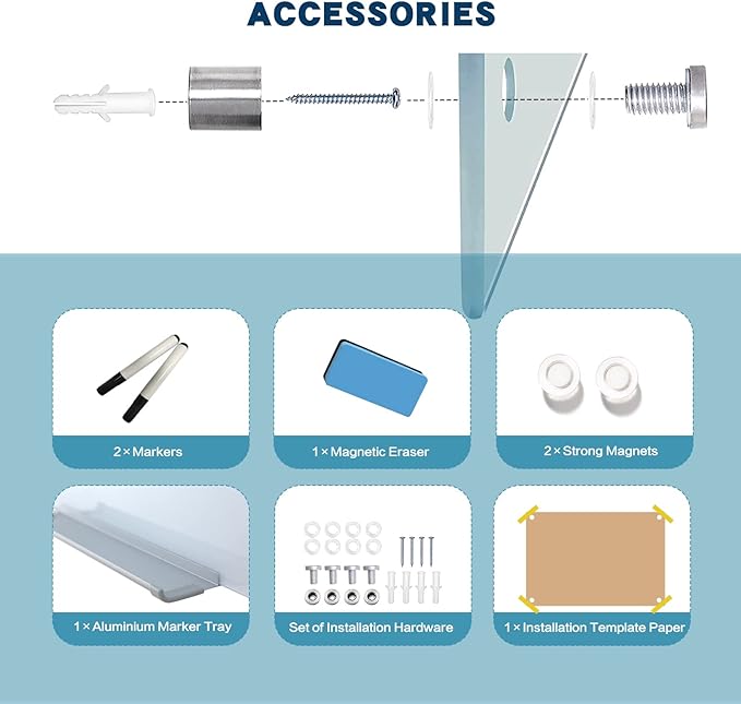 Magnetic Dry Erase Glass WhiteBoard - Frameless Wall Mounted Glass White Board for School Teaching Office Meeting 24"x36"