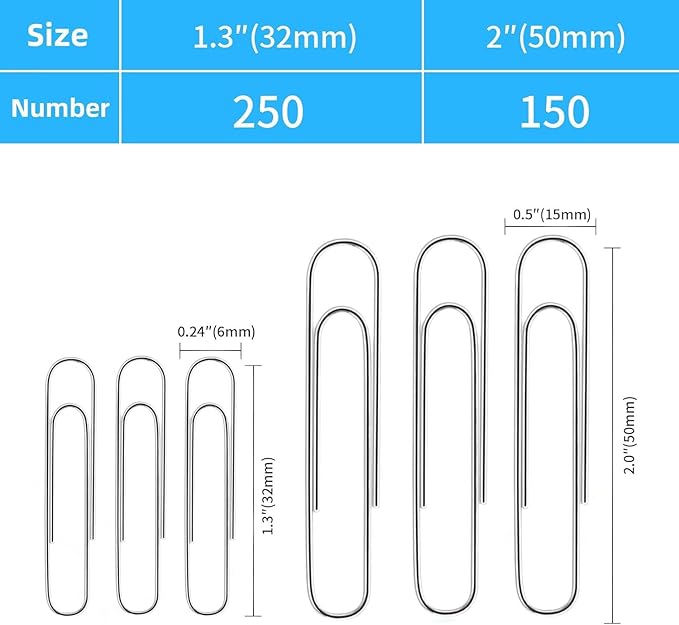 Shiny Silver Jumbo Paper Clips, 1.3 Inch (33mm) & 2 Inch (50mm), 400-Pack for Office, School & Home Document Organizing