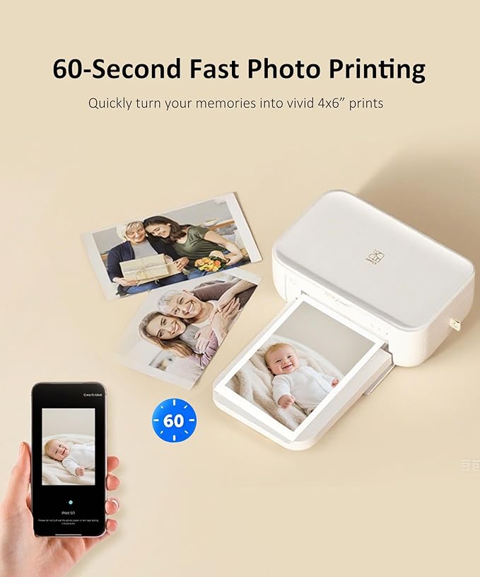 CP4100 4x6 Photo Printer with 108 Sheets & 2 Ribbons, Full-Color Thermal Dye Sublimation Wi-Fi Printing, Portable Instant Picture Printer for iPhone/Android, AR Video, Fun App, Home Use, White