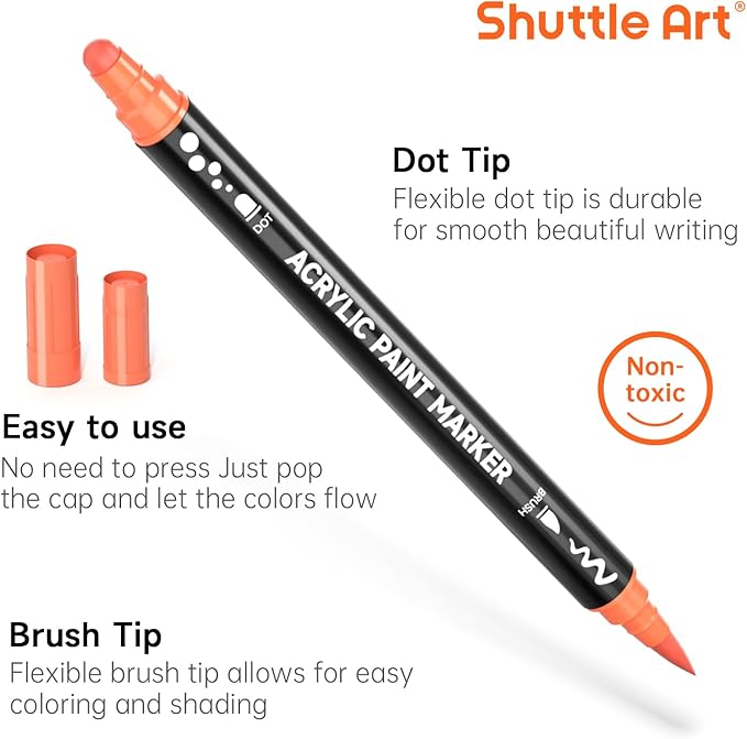 Shuttle Art 28 Colors Dual Tip Acrylic Paint Markers, Brush Tip and Dot Tip Acrylic Paint Pens for Rock Painting, Ceramic, Wood, Canvas, Plastic, Glass, Stone, Calligraphy, Card Making, DIY Crafts