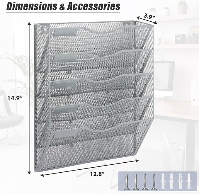 EASEPRES 5 Pocket Mesh Hanging Wall File Organizer, Wall Mounted Mail Paper Document Folder Holder, Clipboard Storage Organization Magazine Rack with Nametag Label for Office Home School, Gray