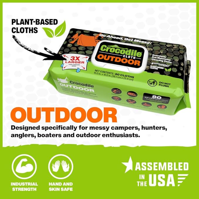 Crocodile Cloth Outdoor Cleaning Wipes – 80 Count Plant-Based Cloths (15"x10"), Skin Safe, Pre-Moistened, Aloe & Vitamin E Infused, Large, Absorbent, Multi-Surface Disposable Wipes