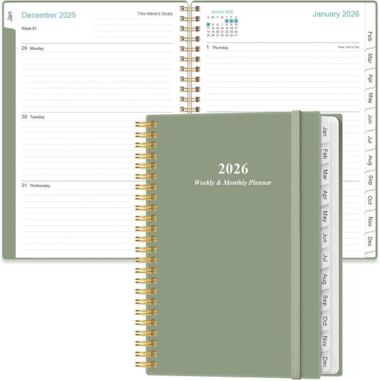 2026 Planner - Planner 2026 from January 2026 - December 2026, Weekly & Monthly Planners Spiral Bound with 12 Monthly Tabs, Inner Pocket, 6.4" x 8.5", Green